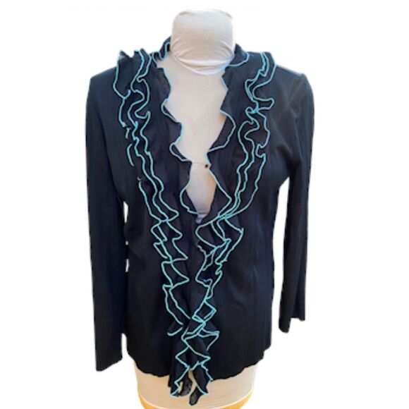 Ming Wang Ruffle Front Cardigan Sz. L Stretch Rib Fabric - Picture 1 of 10